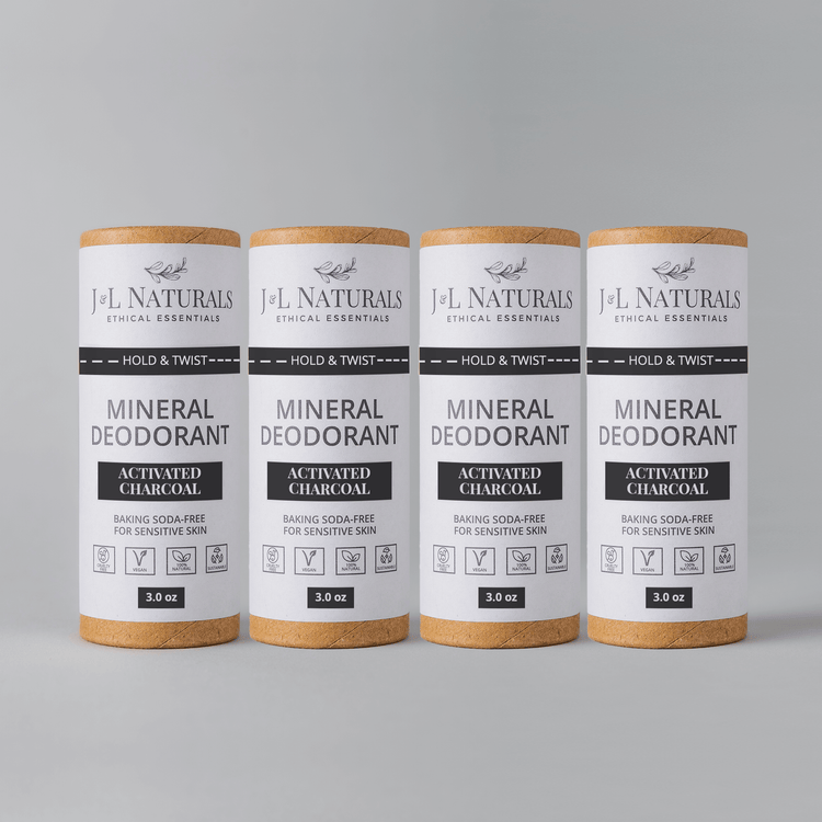 Mineral deodorant bundle featuring activated charcoal, baking soda-free, for sensitive skin, in eco-friendly packaging.