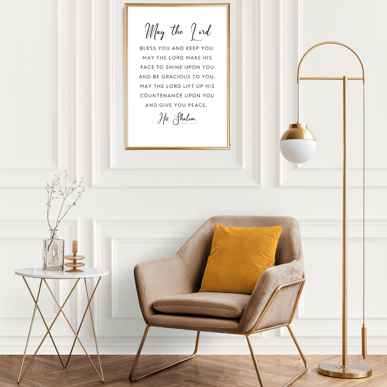 Modern Christian wall art featuring the Aaronic Blessing in minimalist typography, displayed in a stylish living room.