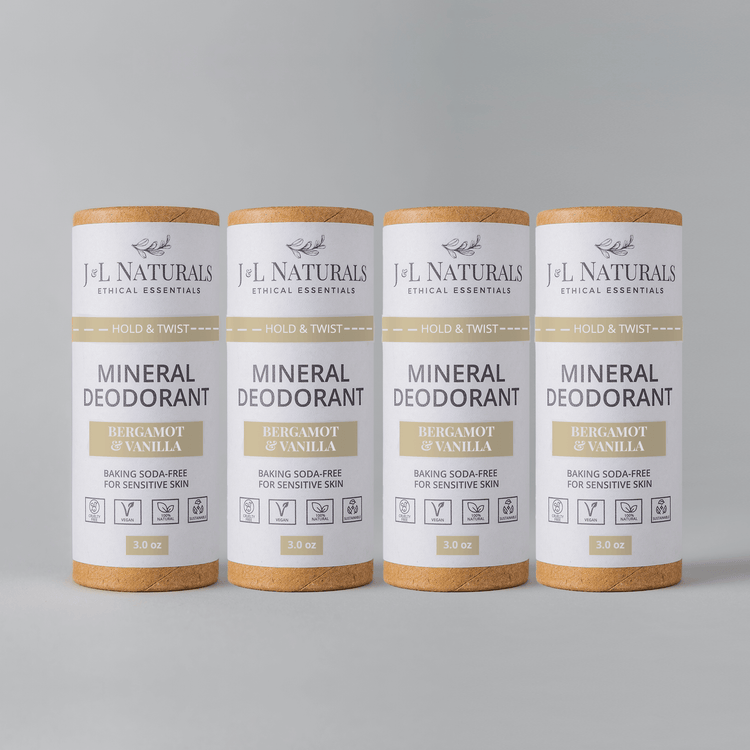Mineral Deodorant Bundle in Bergamot & Vanilla, baking soda-free, suitable for sensitive skin, 4-pack