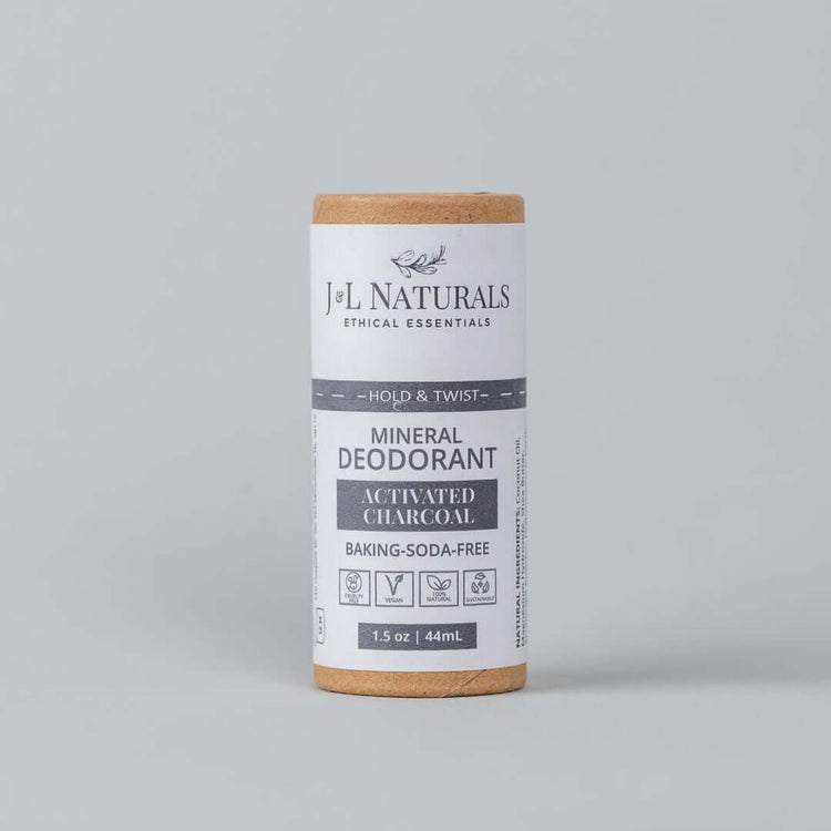 Mineral baking soda-free deodorant with activated charcoal in eco-friendly packaging by JL Naturals.