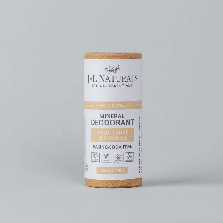 Mineral deodorant stick in Bergamot & Vanilla scent, baking soda-free, suitable for sensitive skin.
