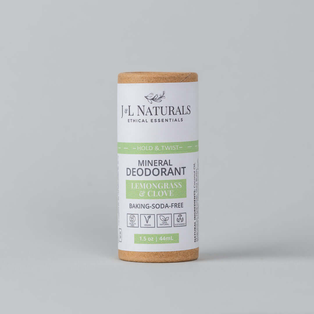 Mineral deodorant stick with Lemongrass & Clove scent, baking soda-free, in a recyclable tube by JL Naturals.
