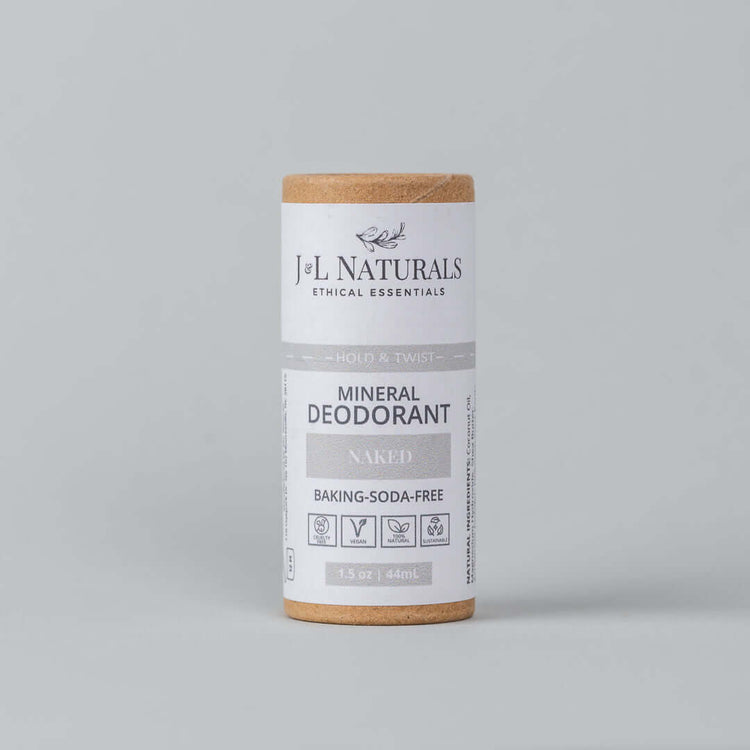 J+L Naturals Mineral Deodorant, Baking Soda-Free, Naked scent, 1.5 oz, ethical essentials, eco-friendly packaging