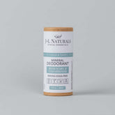 J&L Naturals baking soda-free mineral deodorant in Rosemary & Cedarwood, 1.5 oz tube.