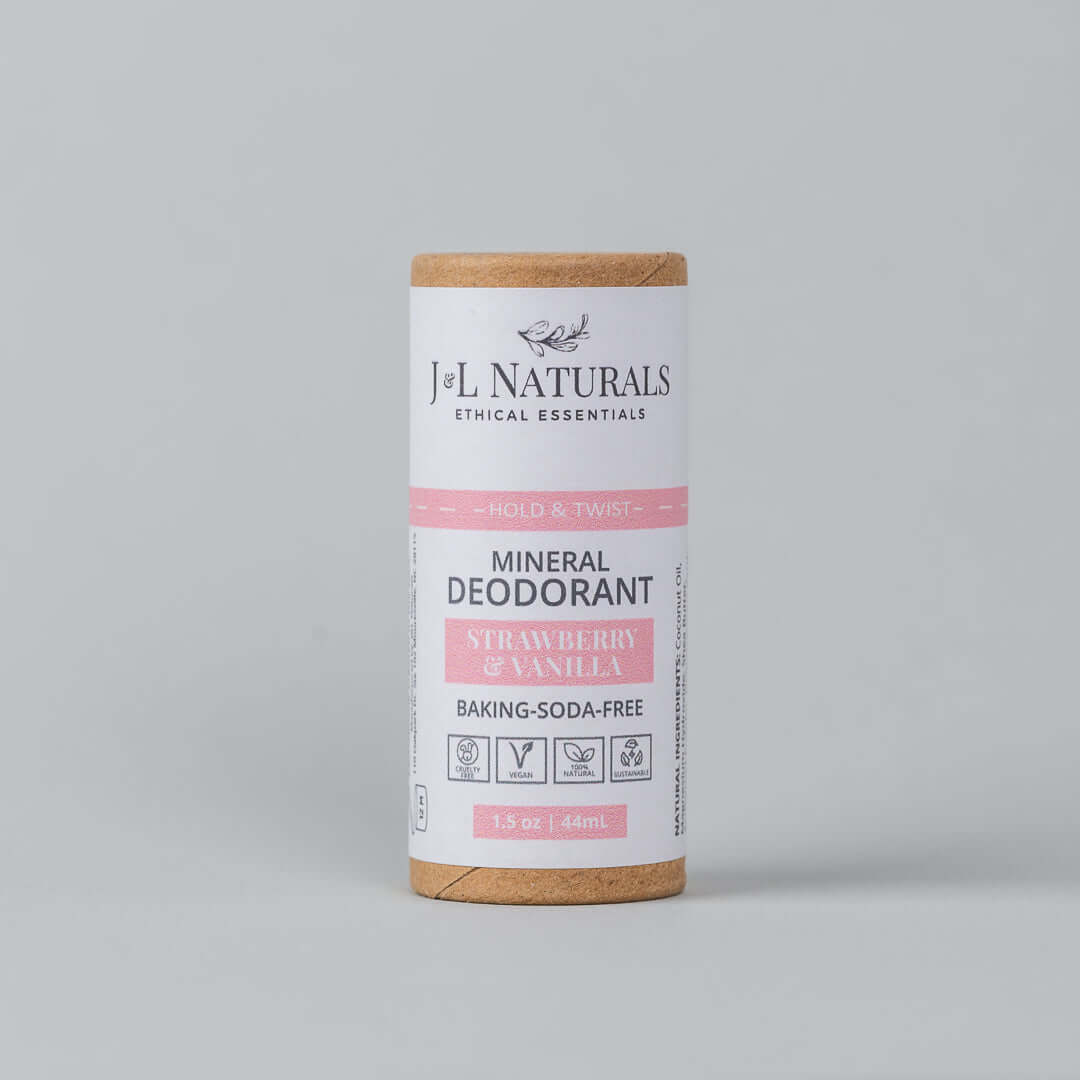 Natural baking soda-free mineral deodorant in Strawberry & Vanilla scent, made for sensitive skin, 1.5 oz.