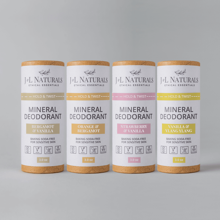 4-pack of J+L Naturals Mineral Deodorants in Bergamot & Vanilla, Orange & Bergamot, Strawberry & Vanilla, and Vanilla & Ylang Ylang.
