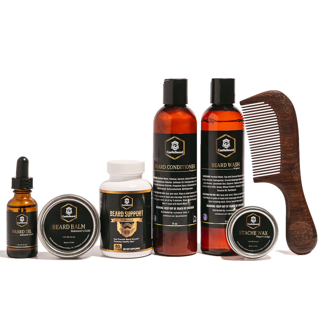 Full Beard Grooming Kit with beard oil, balm, wash, conditioner, mustache wax, and a wooden comb.