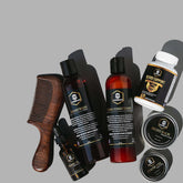 Full Beard Grooming Kit featuring beard oil, balm, wash, conditioner, and comb on grey background.