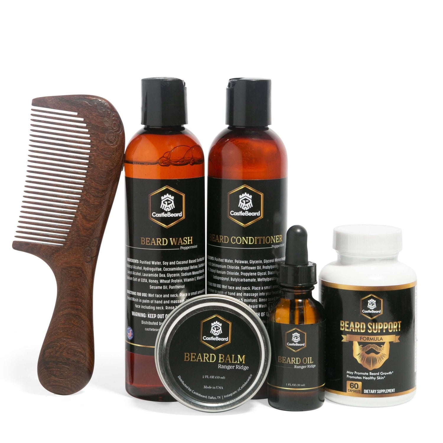 Full Beard Grooming Kit including beard wash, conditioner, oil, balm, and a comb for daily beard care.