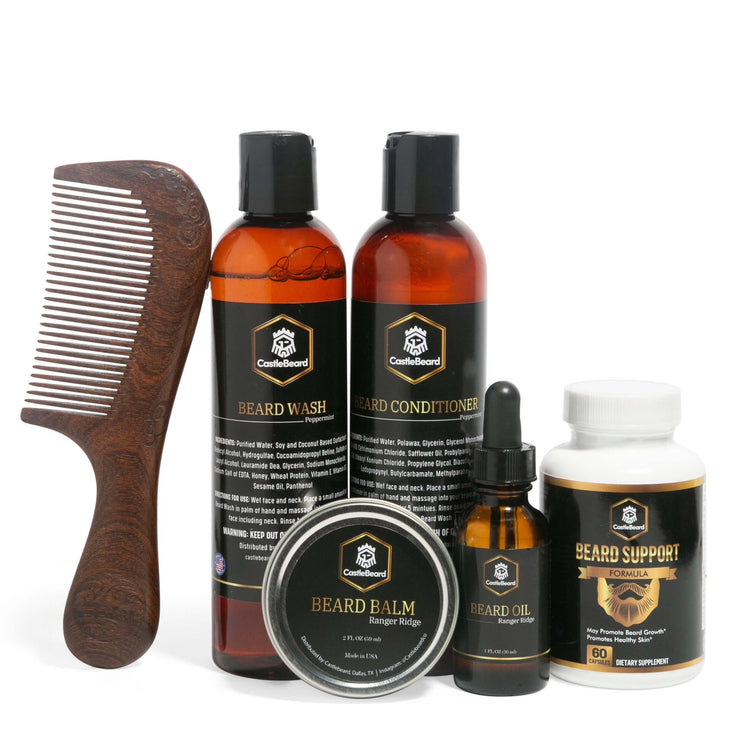 Full Beard Grooming Kit including beard wash, conditioner, oil, balm, and a comb for daily beard care.