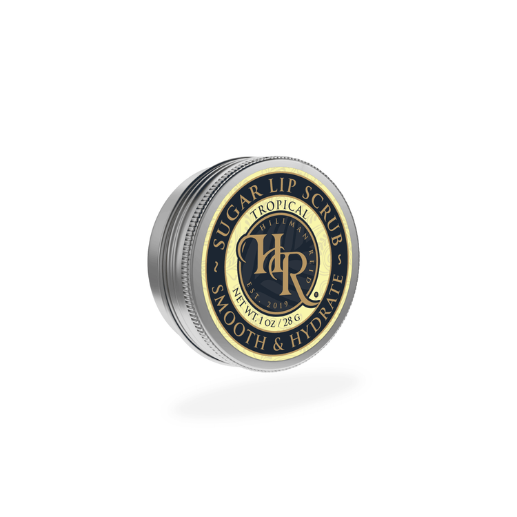 Tropical Sugar Lip Scrub in a sleek metal jar for smooth, hydrated lips with a fruity blend of mango and kiwi.