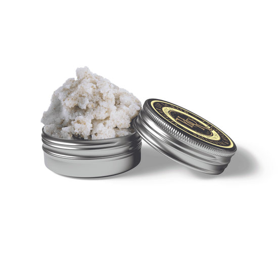 Tropical Sugar Lip Scrub in silver tin, showcasing soft, exfoliating sugar scrub texture.