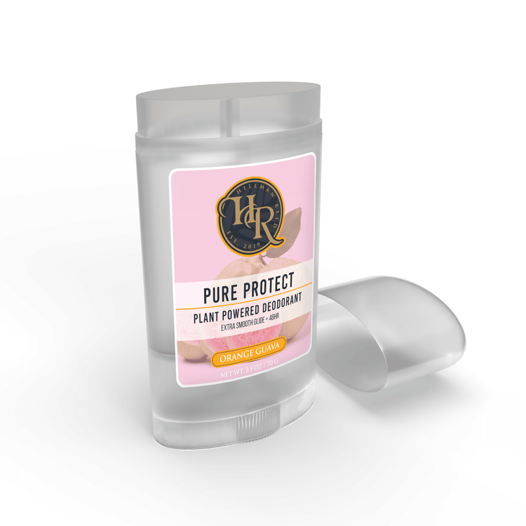 Orange Guava Pure Protect deodorant stick in clear packaging, promoting natural and plant-based odor protection.