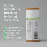 Mineral deodorant tube highlighting its baking soda-free, aluminum-free, and paraben-free ingredients with natural components.