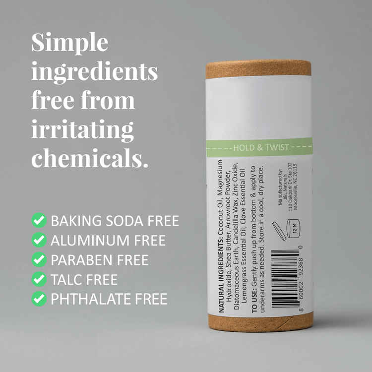 Mineral deodorant tube highlighting its baking soda-free, aluminum-free, and paraben-free ingredients with natural components.