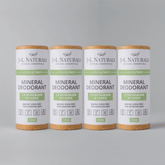 Mineral deodorant bundle with lemongrass and clove, baking soda-free, suitable for sensitive skin. 4-pack display.