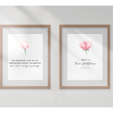 Two framed minimalist Christian wall art prints featuring Lamentations 3:22-23 with floral accents.