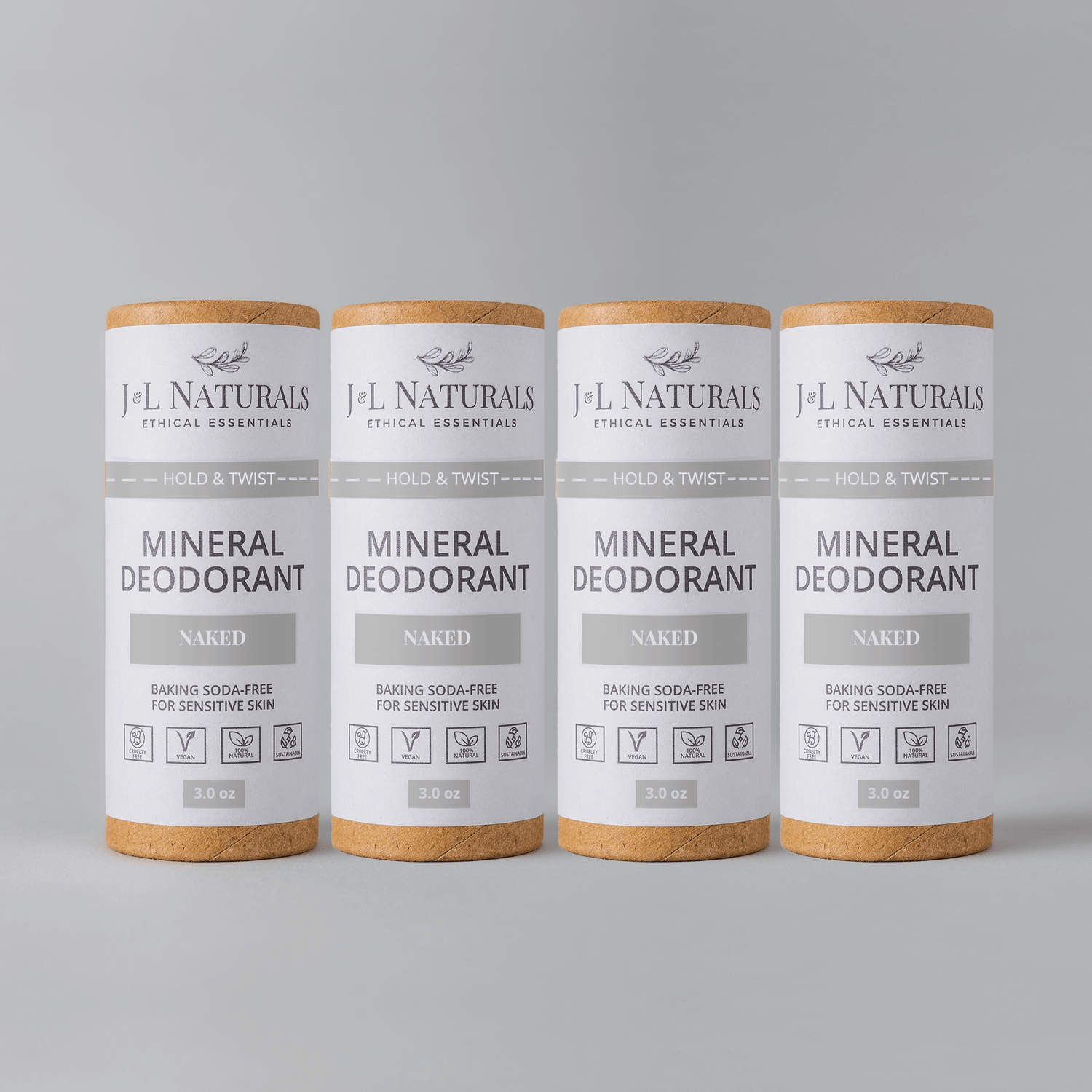 J&L Naturals Mineral Deodorant Bundle, 4-pack, baking soda-free for sensitive skin, ethical essentials.