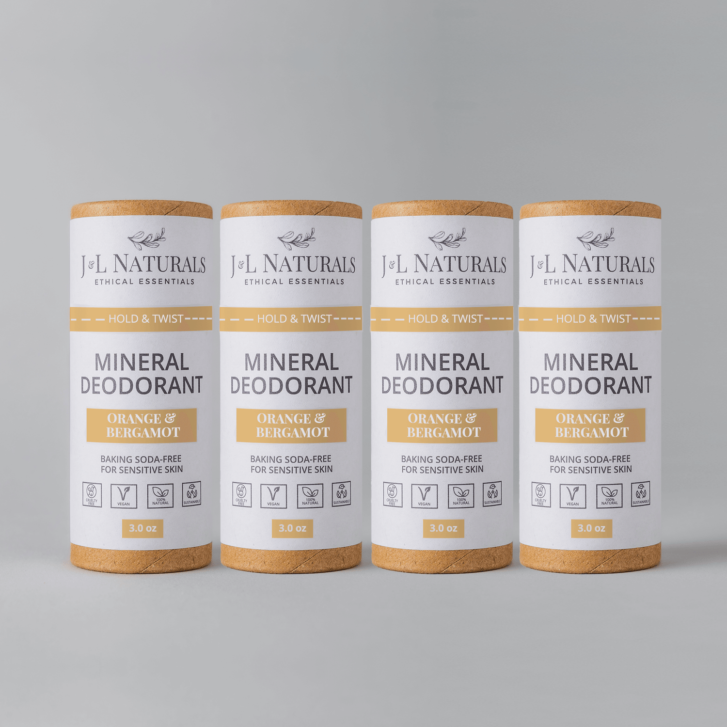 Mineral Deodorant 4-Pack with Orange & Bergamot, baking soda-free, for sensitive skin, eco-friendly packaging.