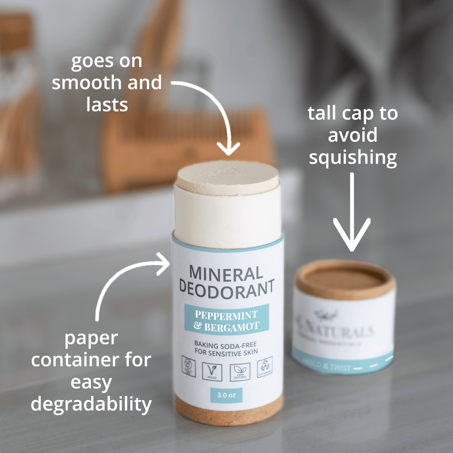 Mineral deodorant in paper container, baking soda-free, smooth application, featuring tall cap to prevent squishing.