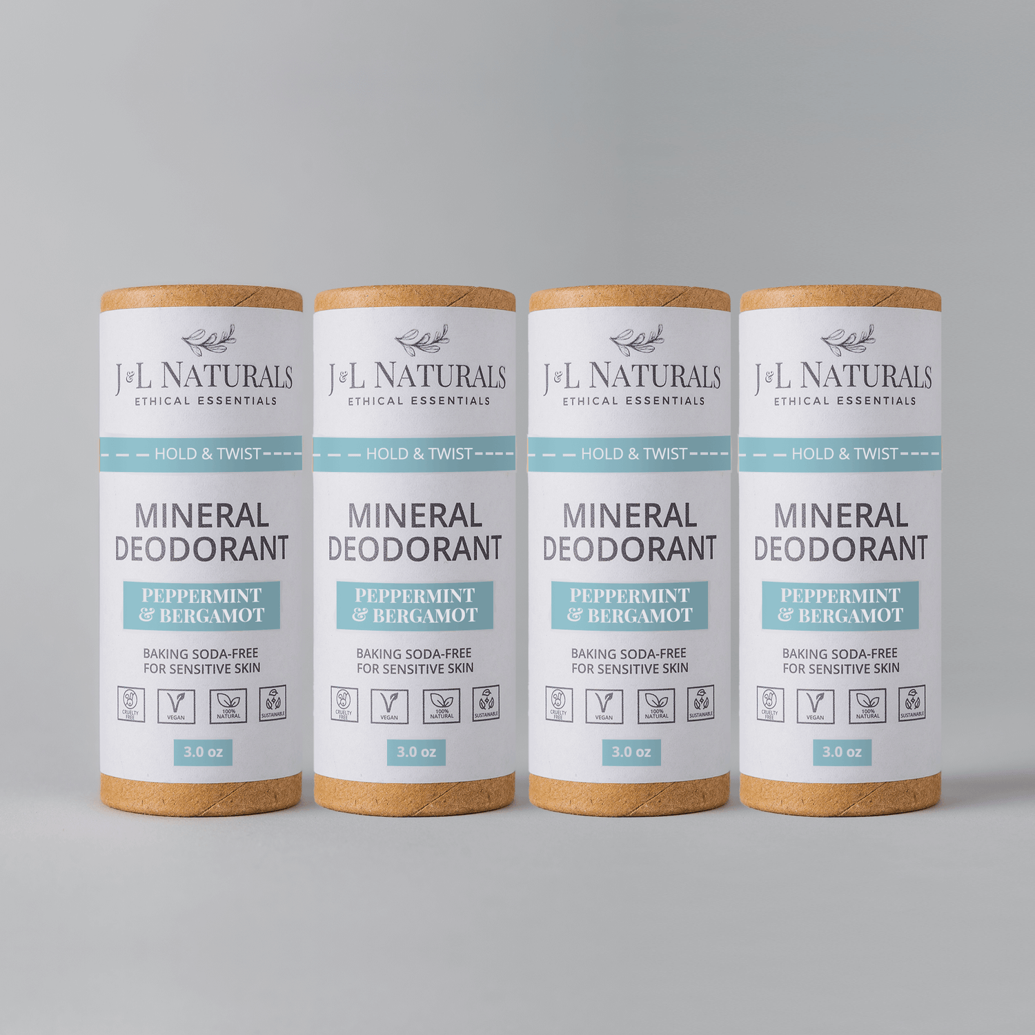 Mineral Deodorant Bundle 4-Pack: Peppermint & Bergamot, baking soda-free, gentle for sensitive skin.
