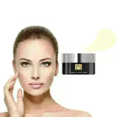 Platinum Lux Eye Cream next to a model showcasing rejuvenated skin and beauty benefits.