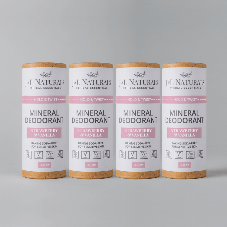 Mineral Deodorant Bundle, 4-Pack, Baking Soda-Free, Strawberry & Vanilla, for sensitive skin.