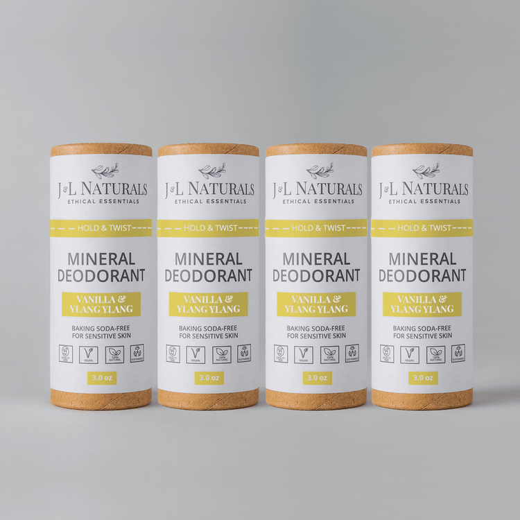 Mineral deodorant bundle (4-pack) in Vanilla & Ylang Ylang, baking soda-free for sensitive skin.