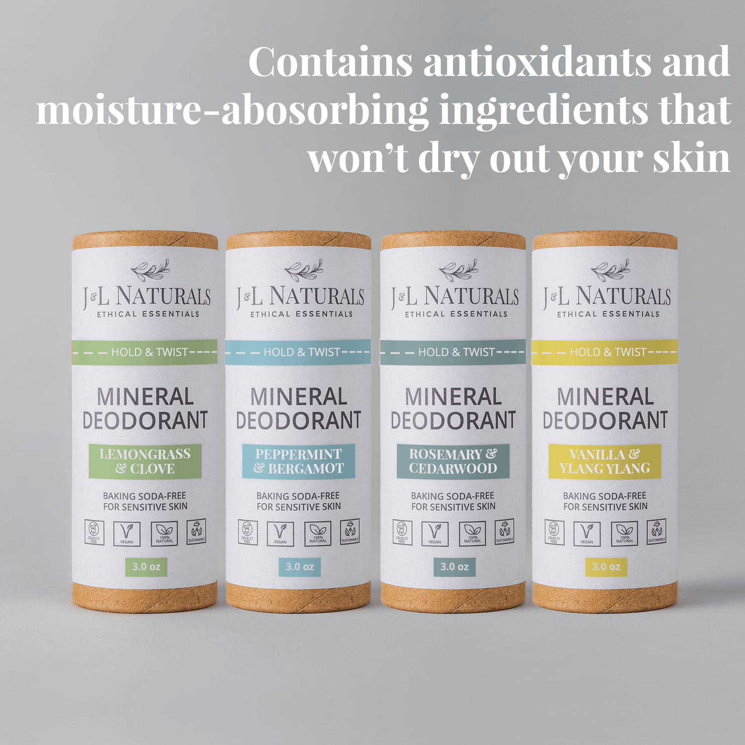 4-pack of baking soda-free mineral deodorants in assorted scents for sensitive skin by J&L Naturals