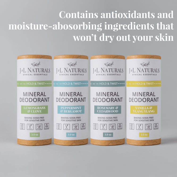4-pack of baking soda-free mineral deodorants in assorted scents for sensitive skin by J&L Naturals