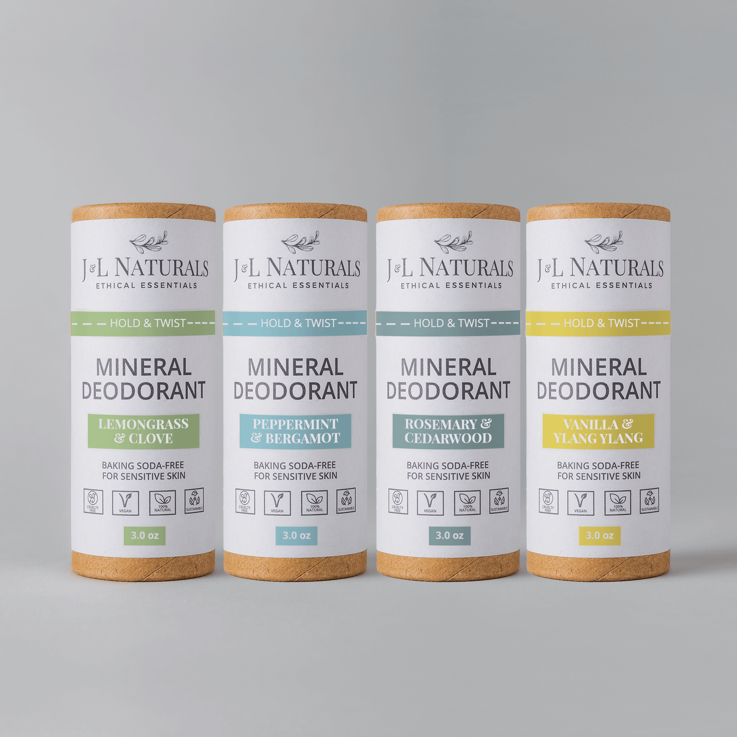 Mineral (Baking Soda-Free) Deodorant Bundle in Lemongrass, Peppermint, Rosemary, and Vanilla scents for sensitive skin.