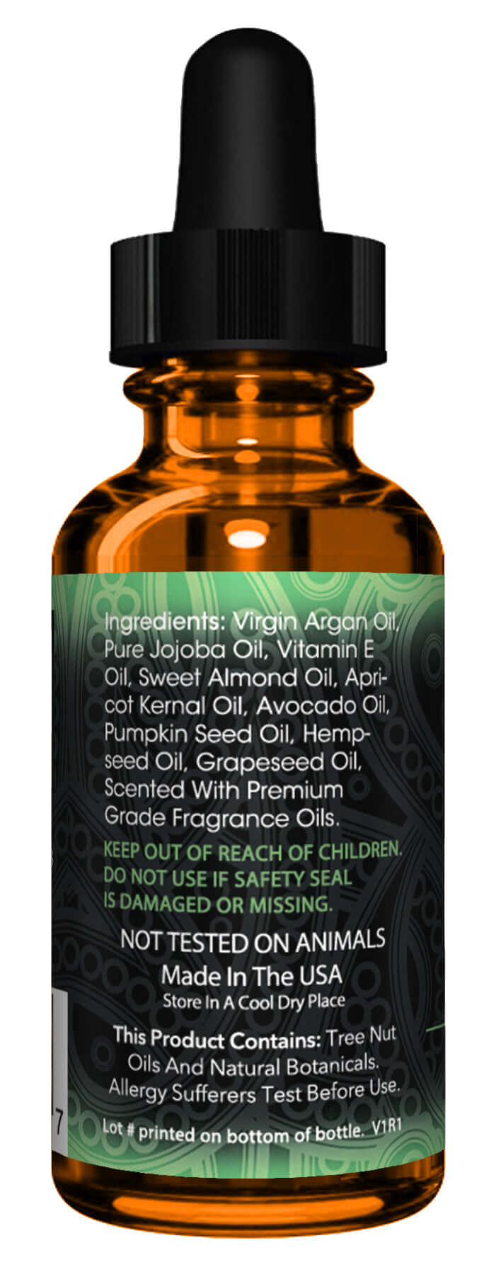BeardGuru AppleBlossom Beard Oil bottle showcasing ingredients like Argan, Jojoba, and Sweet Almond Oil.