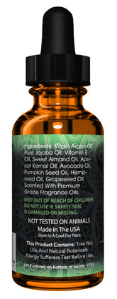BeardGuru AppleBlossom Beard Oil bottle showcasing ingredients like Argan, Jojoba, and Sweet Almond Oil.