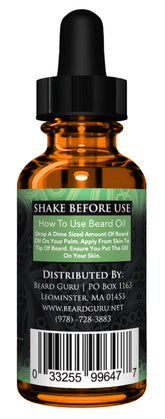 BeardGuru AppleBlossom Beard Oil bottle showing usage instructions and distribution details.