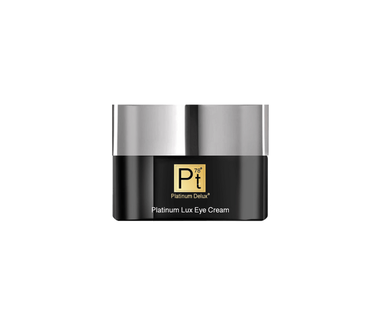 Platinum Lux Eye Cream jar showcasing luxurious retinol formula for healing and rejuvenating tired under-eye skin.