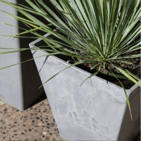 Tall tapered square planter made from recycled materials, showcasing vibrant green plant leaves.