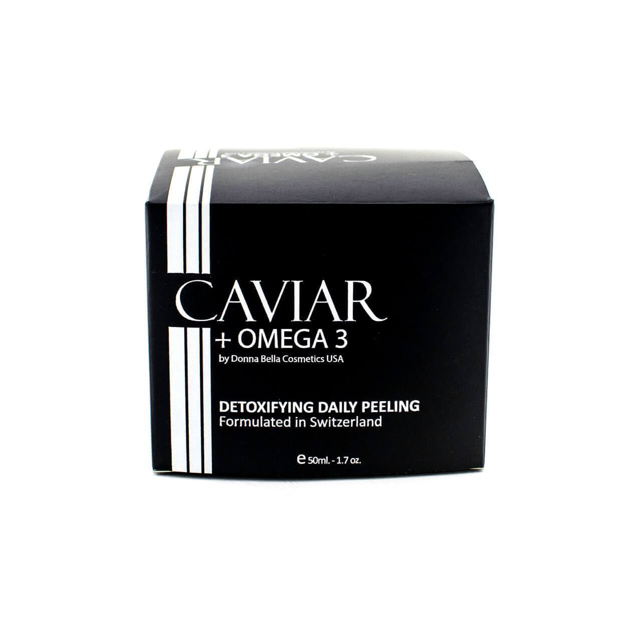 Caviar + Omega 3 Detoxifying Daily Peeling box by Donna Bella, formulated in Switzerland, 50ml size.