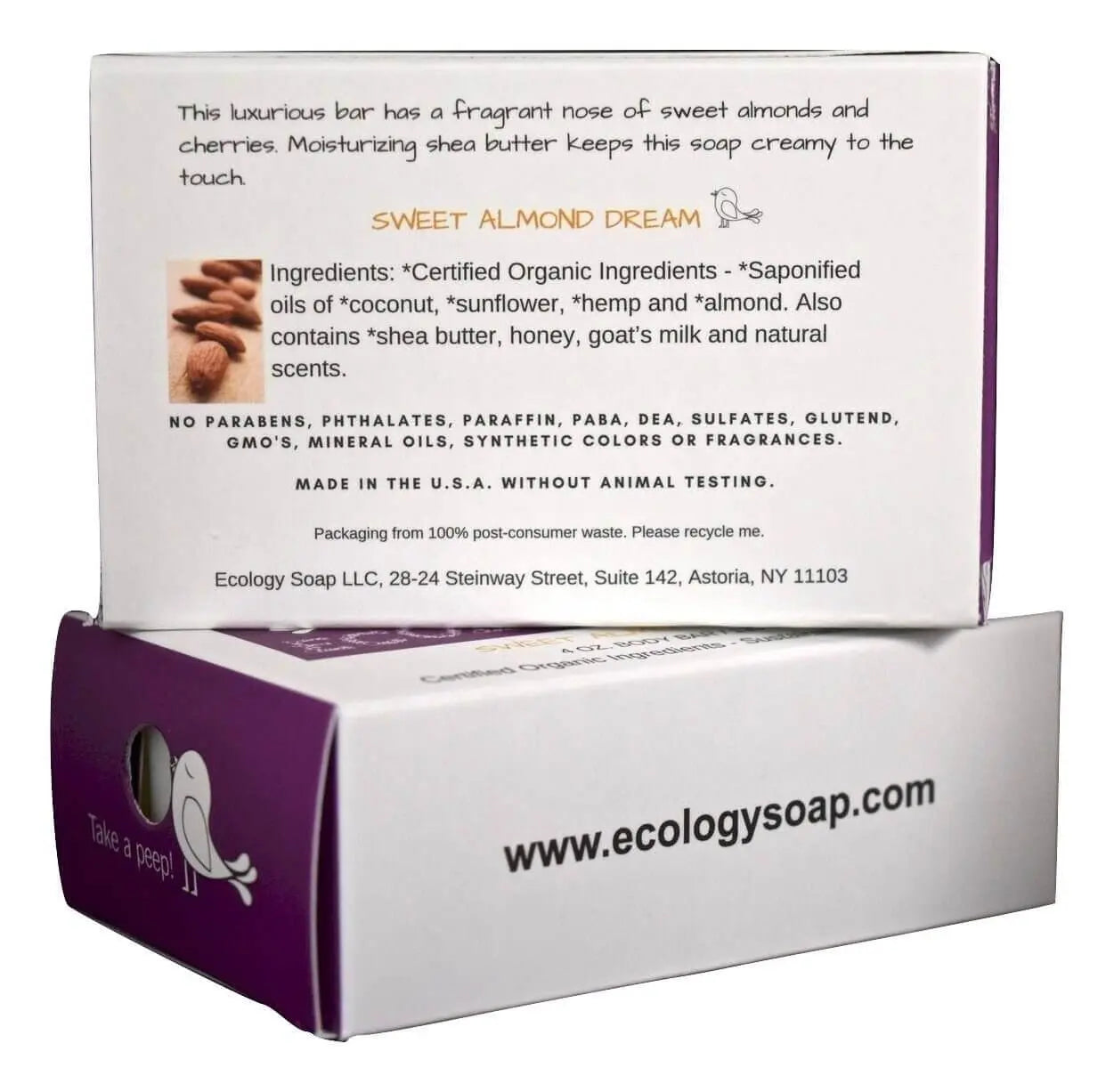 Sweet Almond Dream Bar Soap packaging showing organic ingredients and moisturizing shea butter; no harmful chemicals.