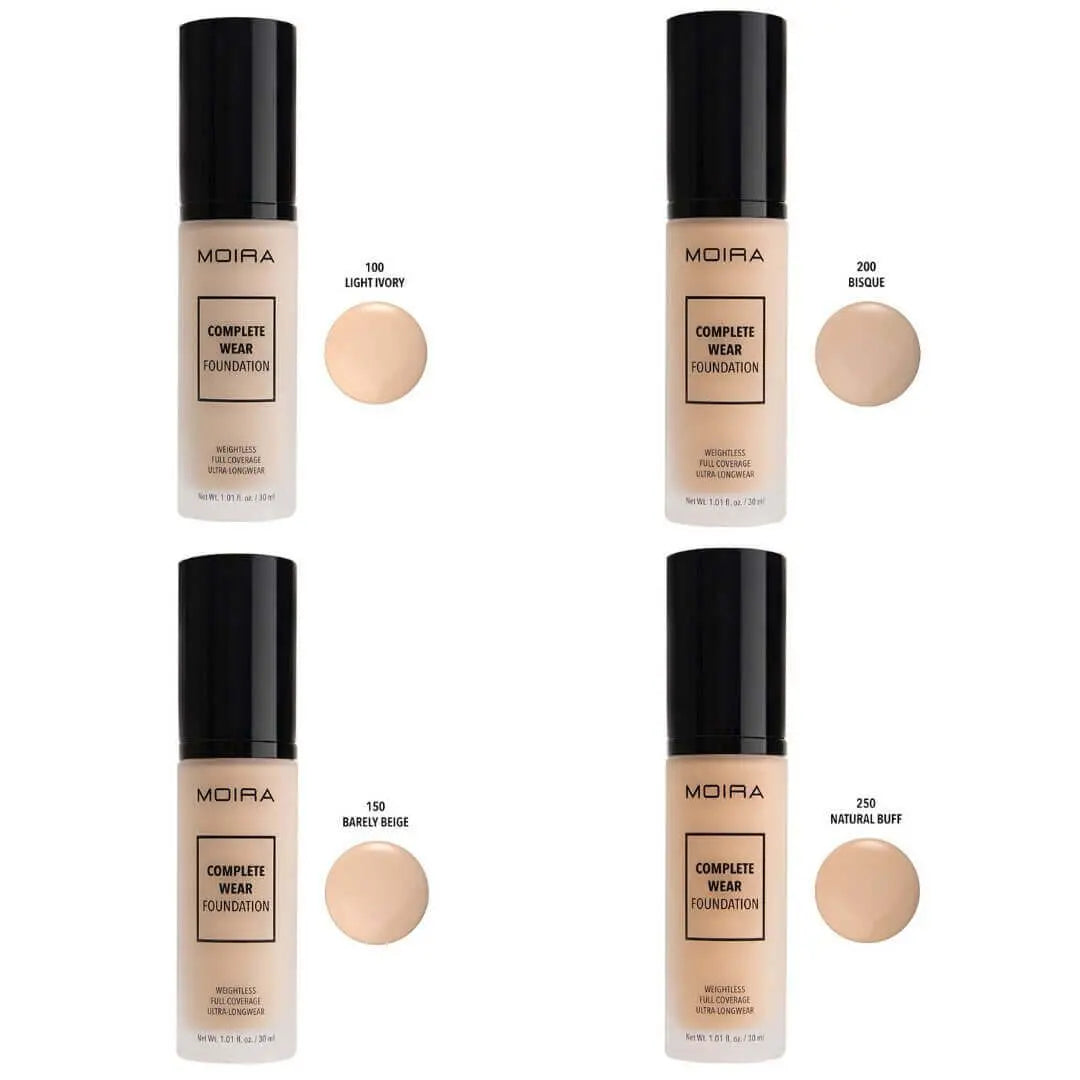 MOIRA Complete Wear Foundation shades: Light Ivory, Bisque, Barely Beige, Natural Buff for flawless skin.