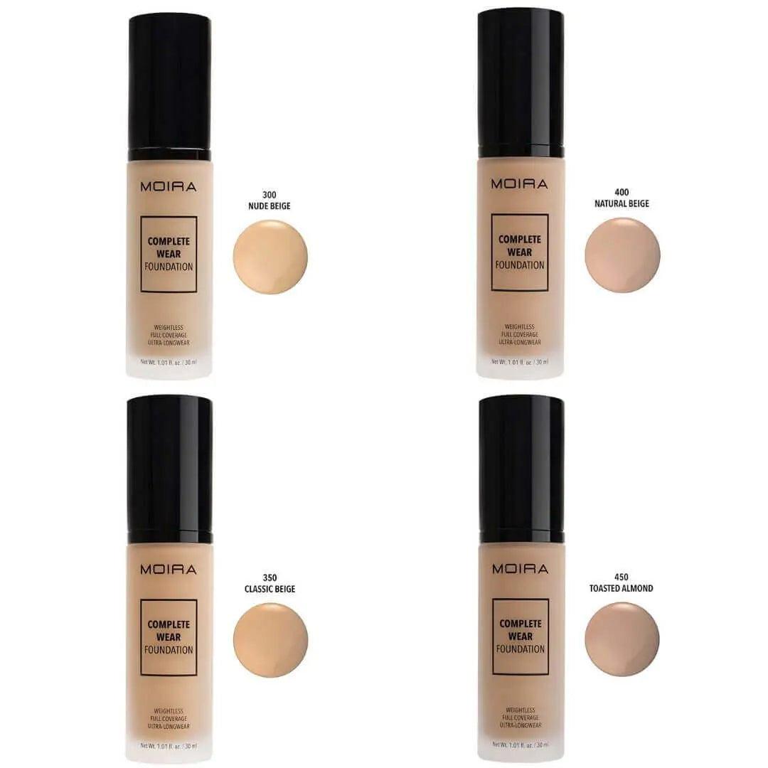 MOIRA Complete Wear Foundation shades: Nude Beige, Natural Beige, Classic Beige, Toasted Almond in sleek packaging.