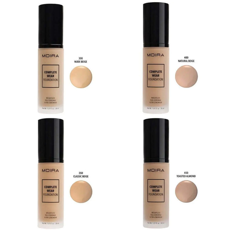 MOIRA Complete Wear Foundation shades: Nude Beige, Natural Beige, Classic Beige, Toasted Almond in sleek packaging.