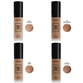 MOIRA Complete Wear Foundation shades: Honey Sand, Warm Cinnamon, Praline, Deep Walnut in sleek packaging.