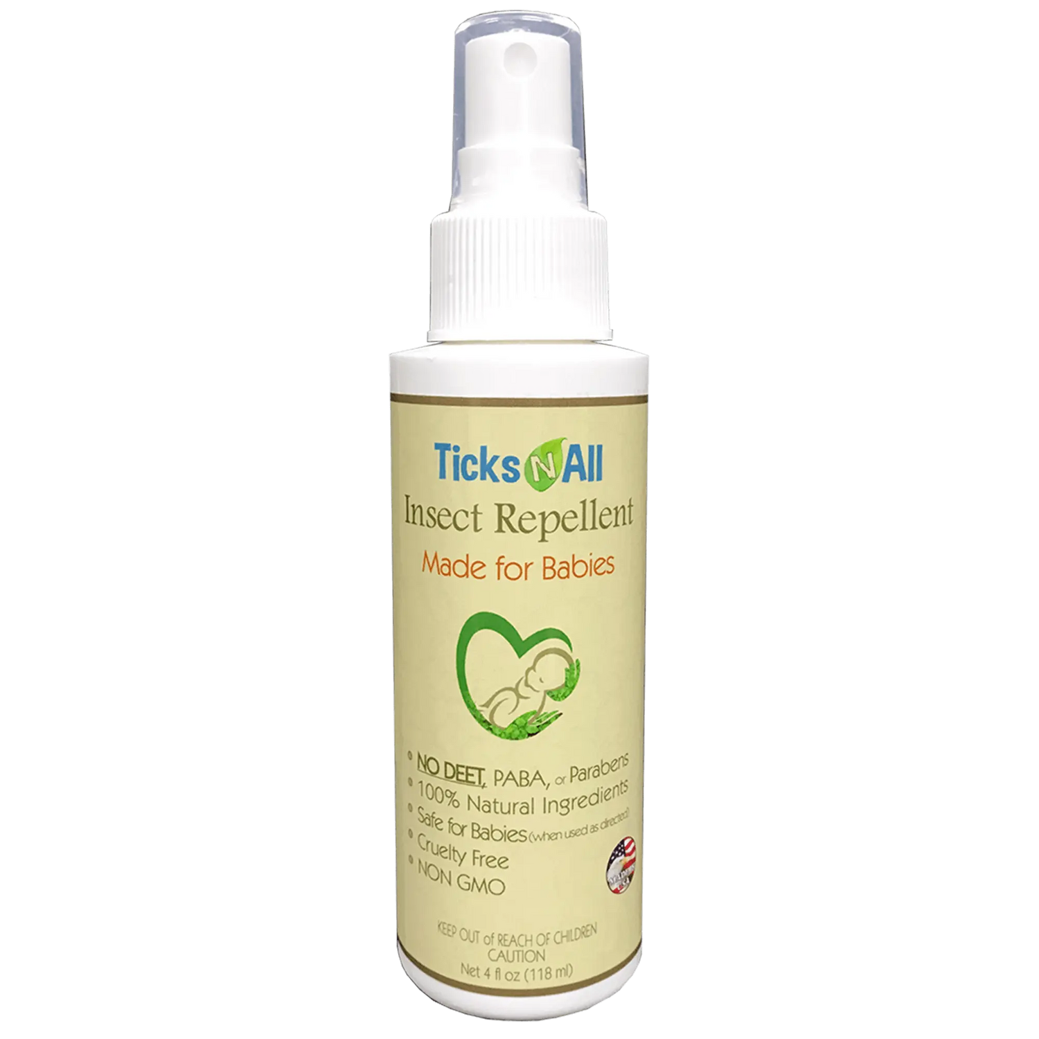 All Natural Insect Repellent for Babies in a 4oz spray bottle, safe and effective against various pests.
