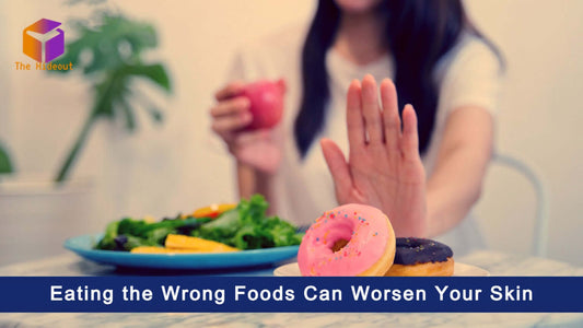 Person rejecting unhealthy foods like donuts while choosing healthy options for better skin.