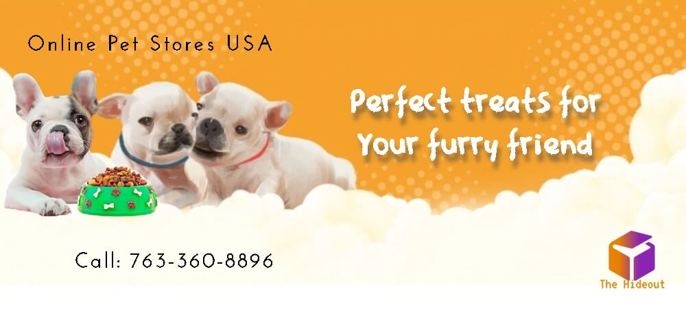 Three puppies with treats highlighting online pet stores in the USA for pet accessories and snacks.