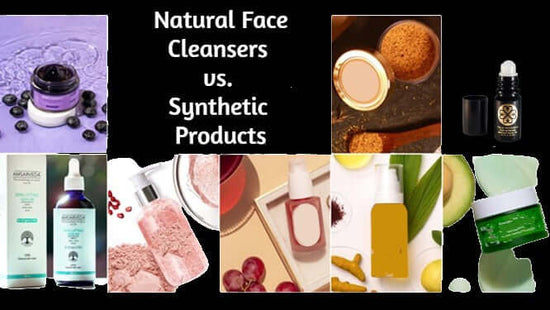 Collage of natural face cleansers and synthetic products for skincare comparison.
