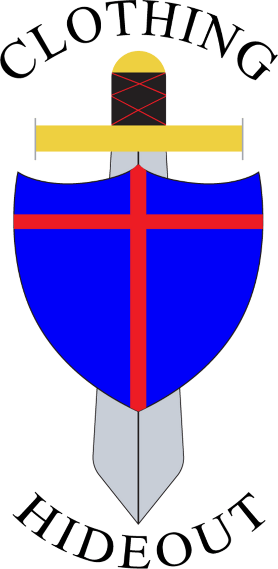 Logo of The Clothing Hideout featuring a blue shield and sword design, symbolizing activewear and casual clothing.