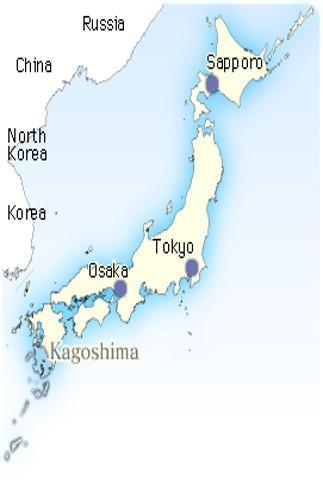 Map of Japan highlighting key cities including Tokyo, Osaka, Sapporo, and Kagoshima, with neighboring countries.