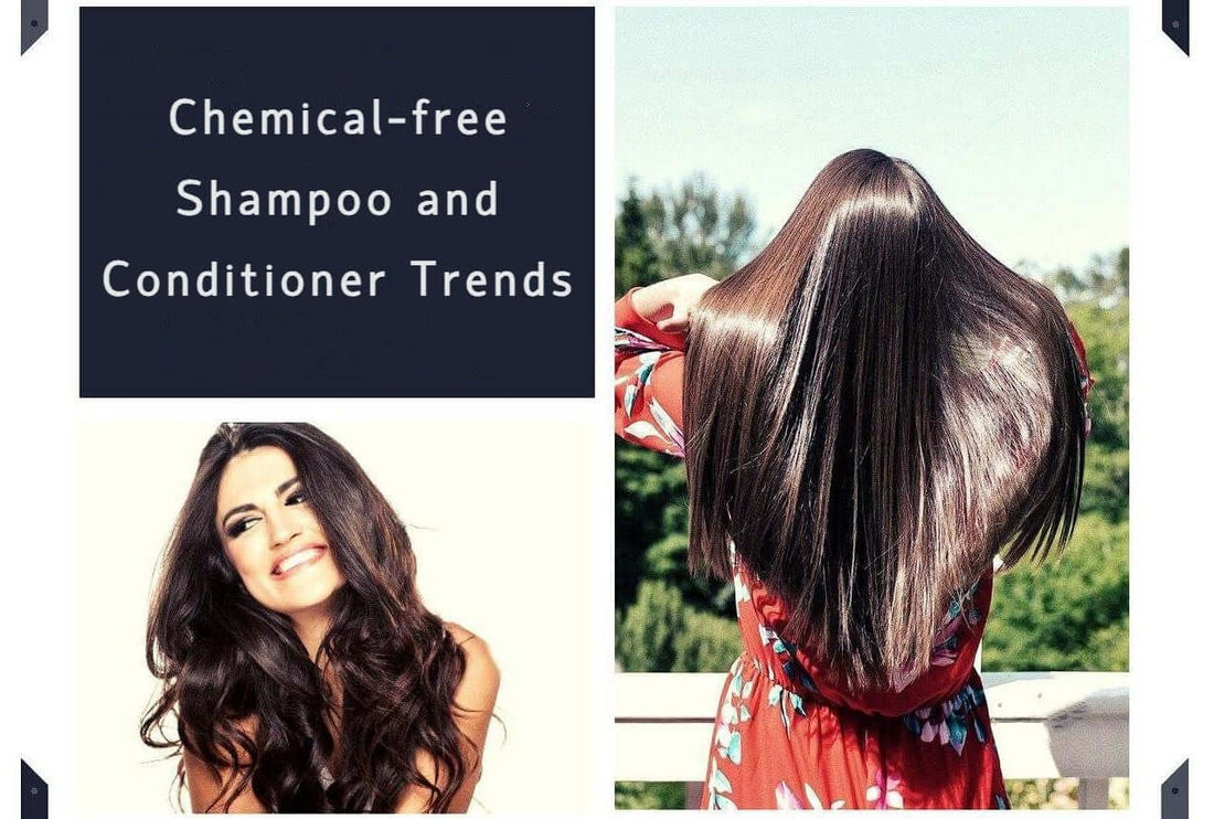 Collage of chemical-free shampoo trends showing a smiling woman and a woman with long, healthy hair outdoors.