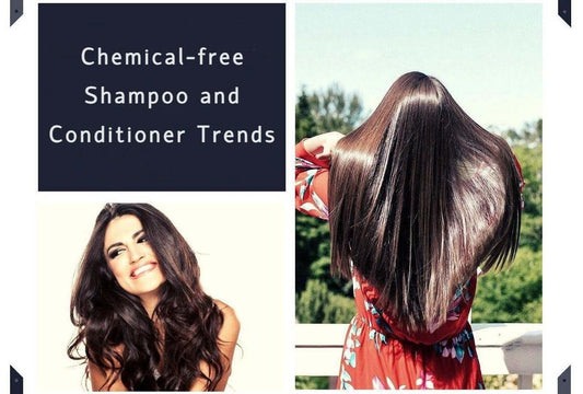 Collage of chemical-free shampoo trends showing a smiling woman and a woman with long, healthy hair outdoors.